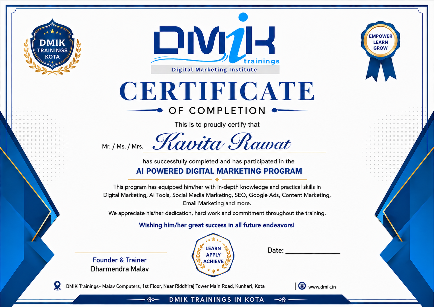 DMIK AI Powered Digital Marketing Program Certificate