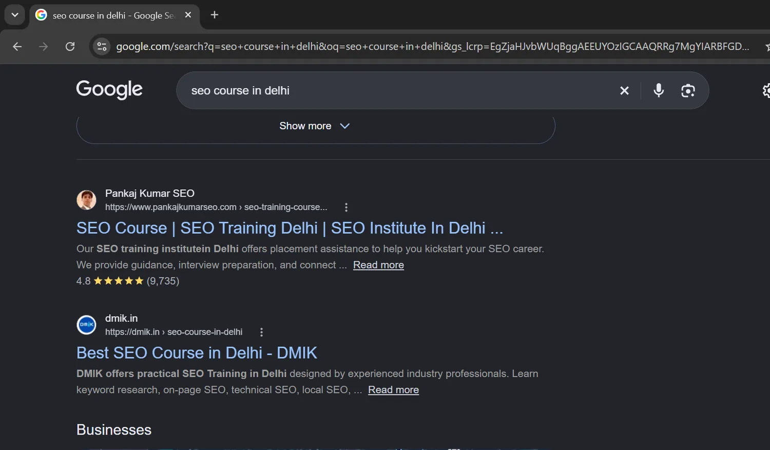 DMIK Google result for SEO Course in Delhi